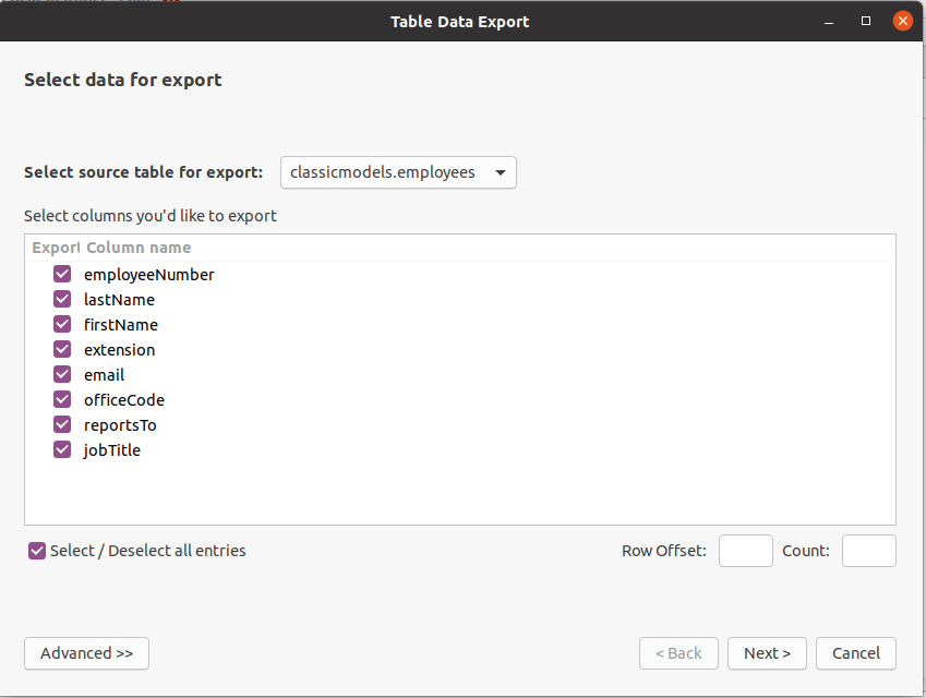 MySQL Workbench- Selecting Columns to Export